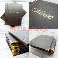 Папка меню на болтах для замены листов из эко кожи с золотистым тиснением, изготовление на заказ