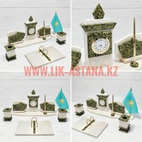 Настольный письменный набор с часами - 2477 (металл - бронза, натуральный камень - мрамор, змеевик, серпентин)